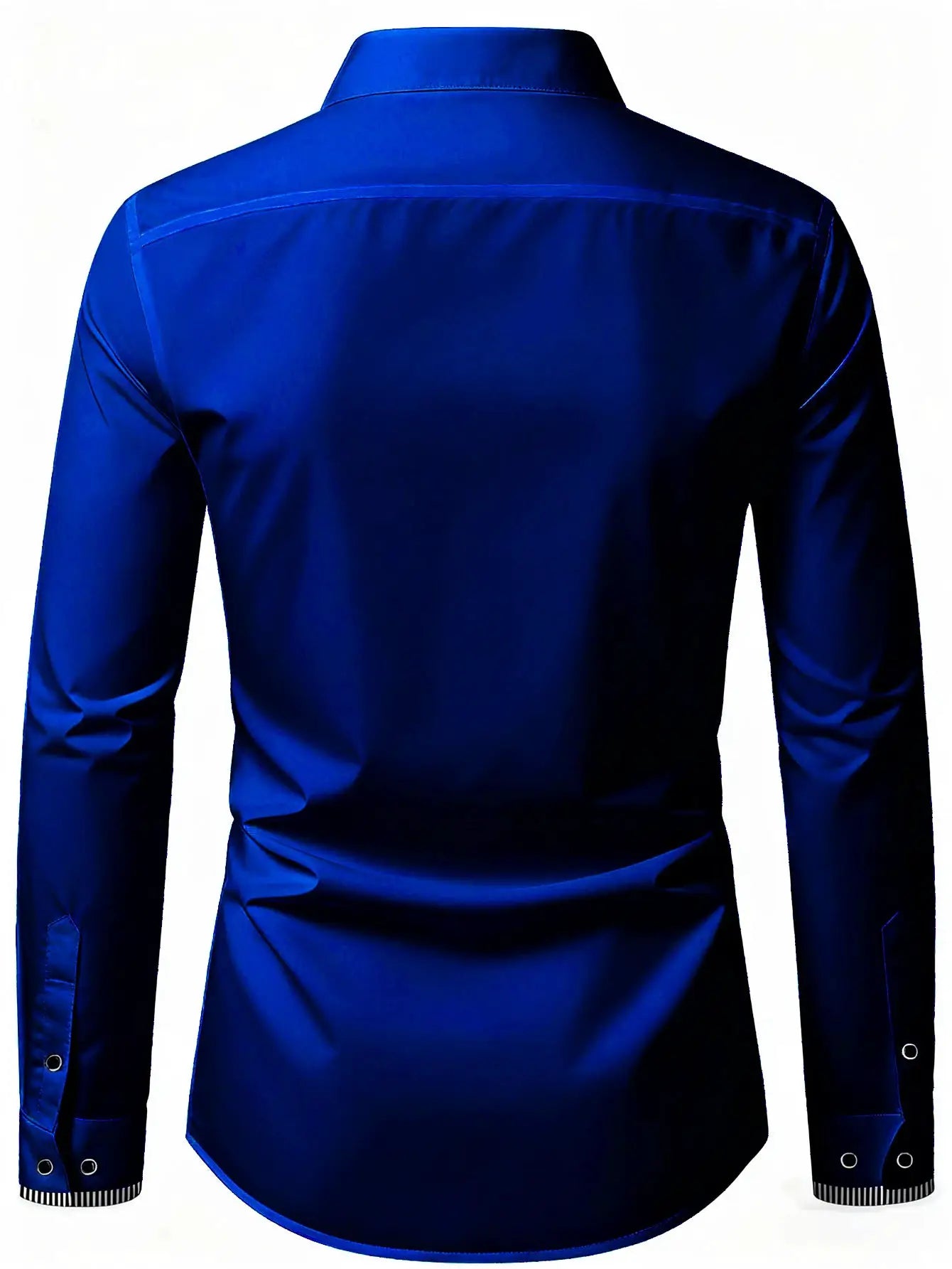 Blue men's long-sleeve dress shirt with striped cuffs and metal grommets, back view
