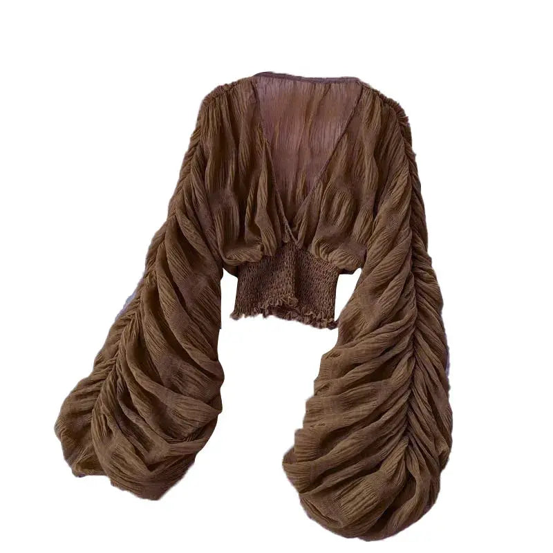 Simples Market brown draped chiffon blouse with oversized puff sleeves and cropped smocked hem