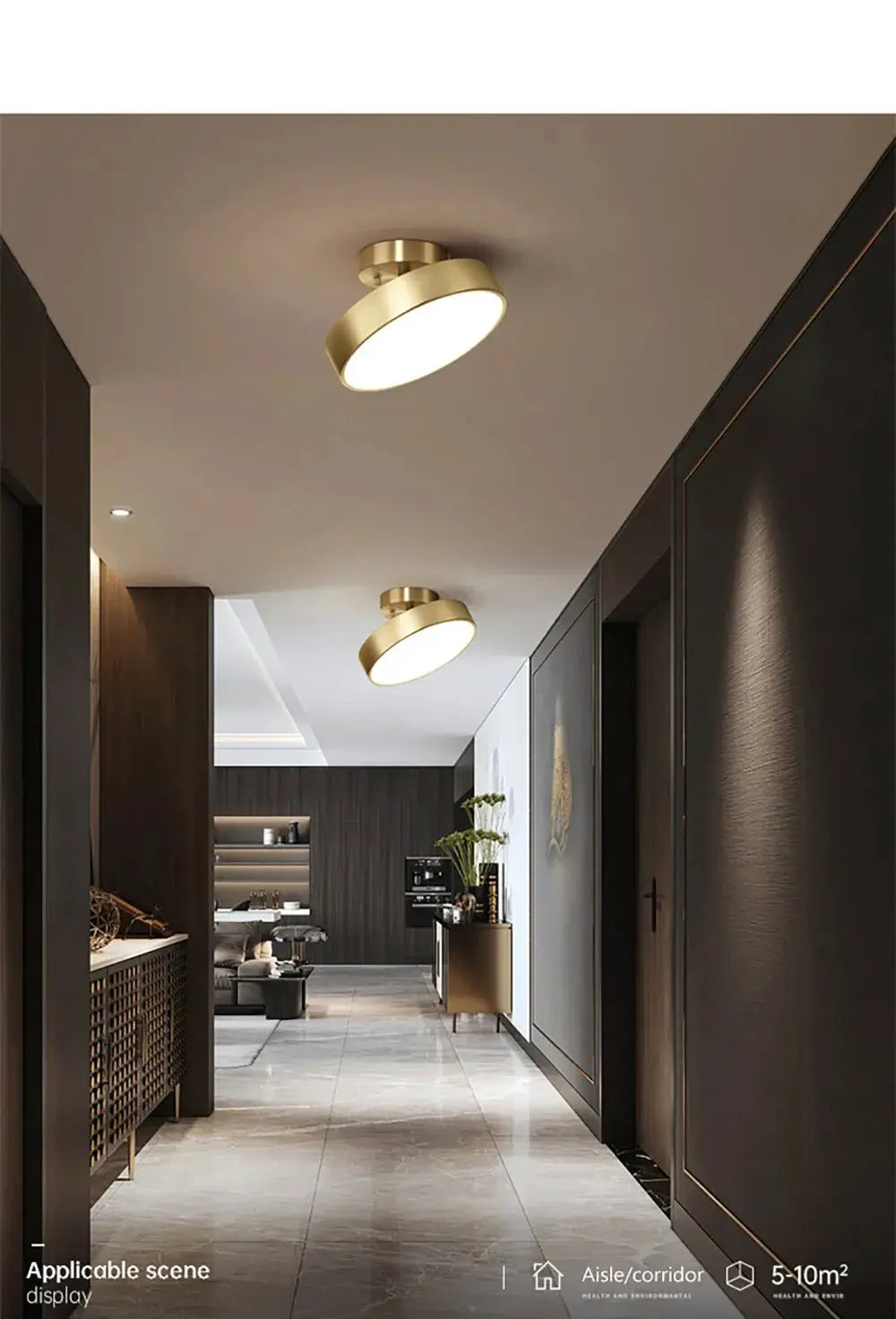 Modern LED ceiling lights, two round brass fixtures for hallway/corridor.