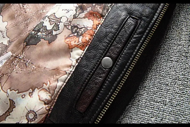 Air Force flight jacket with brown genuine cowhide leather and fur collar, camouflage lining detail