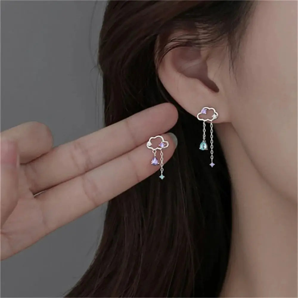 Moon Planet Butterfly Tassel Drop Earrings by Simples Market, cloud-top studs with blue and purple crystal drops