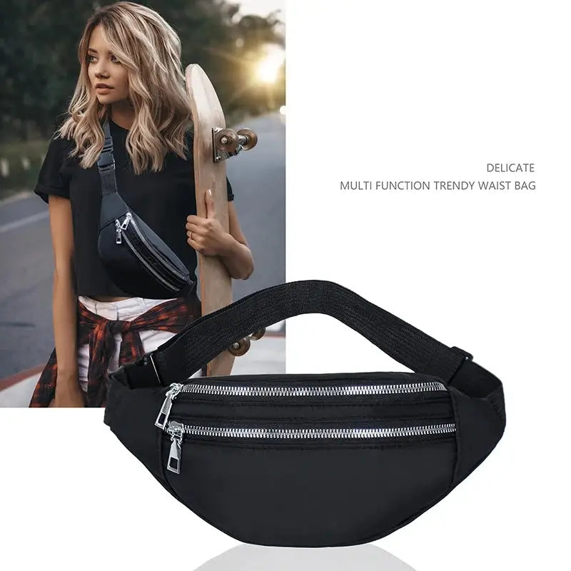 Fanny pack waist bag by Simples Market in black with dual-zip pockets and adjustable strap
