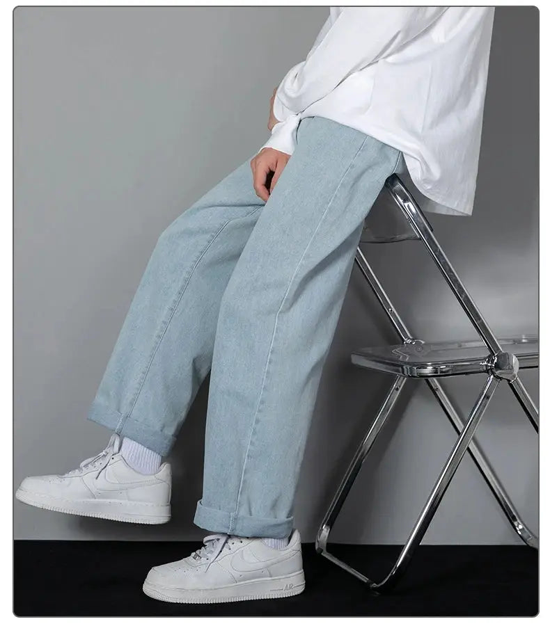 Simples Market 2026 Korean men's casual denim wide-leg jeans in light blue