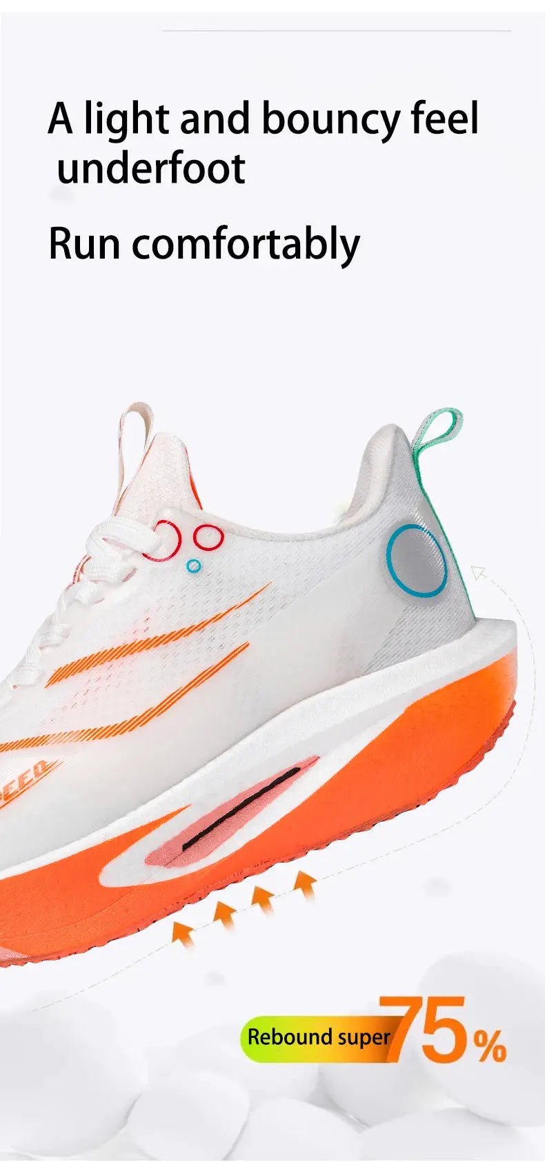 Carbon plate running shoes, white upper with orange outsole, breathable lightweight design