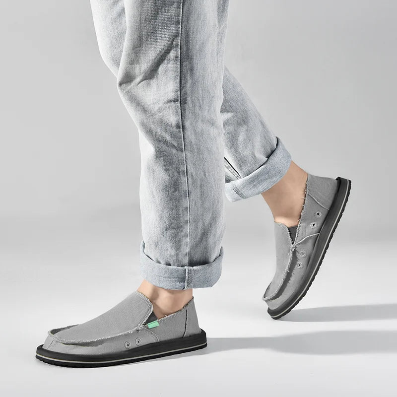 Canvas casual men's loafers in grey with black sole