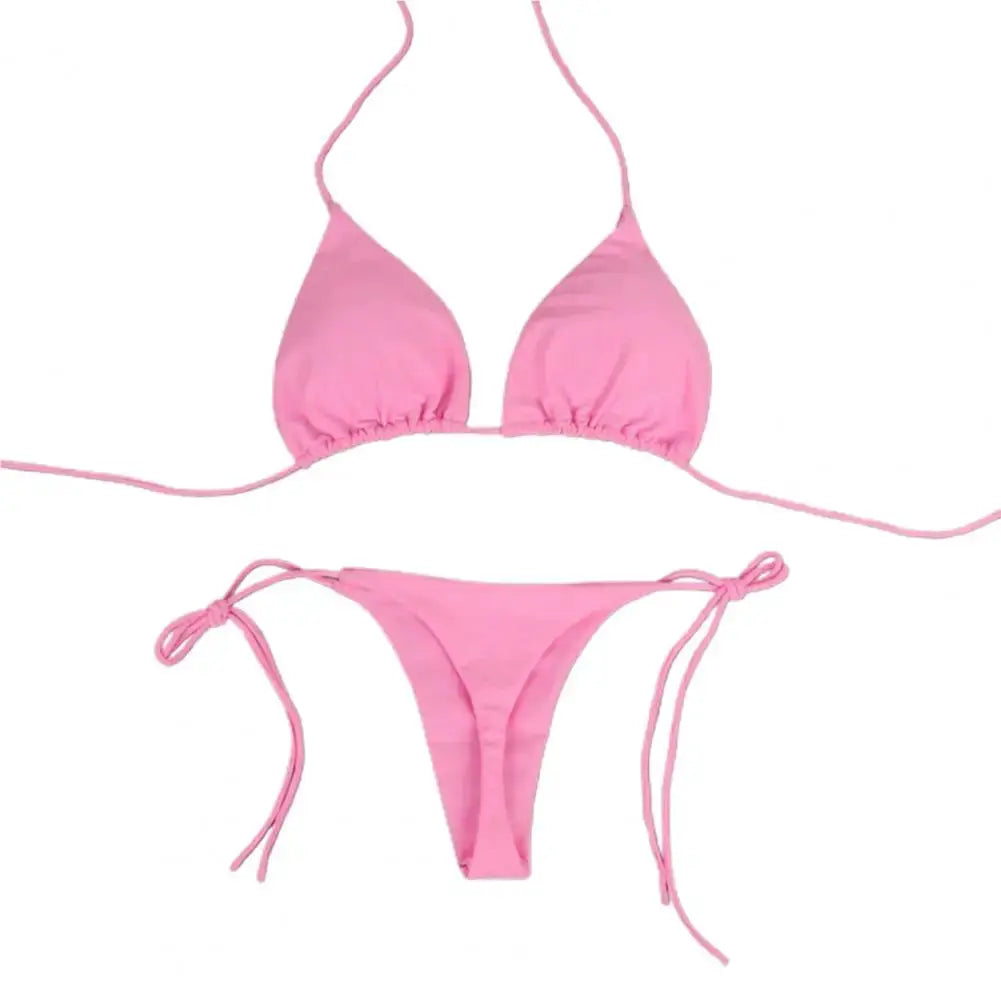 2 Piece Womens Swimsuit Set Halter Neck Bikini Solid Color Thong Bottom Beachwear 2024