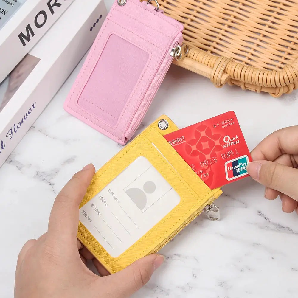 Simples Market PU leather mini card wallet set with ID windows, yellow and pink, each with a keyring