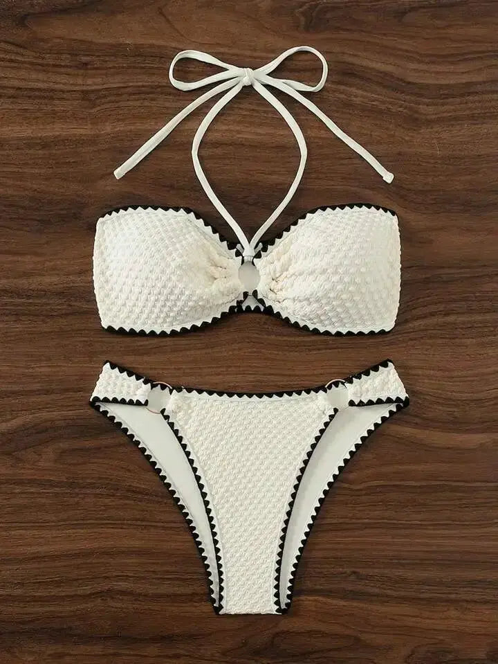 Simples Market white strapless bikini with textured fabric, bandeau top and high-cut bottom with black scalloped trim