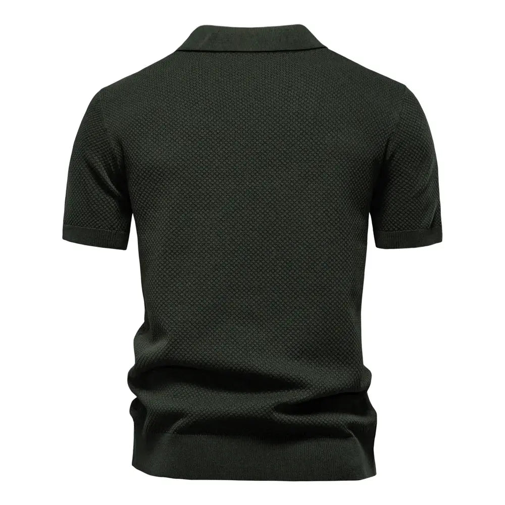 Men's dark green collared polo shirt with short sleeves, textured breathable fabric, back view