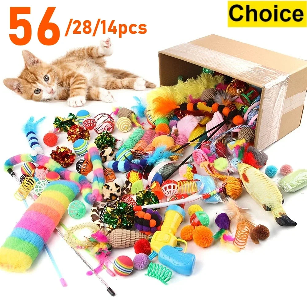 Cat Toys Mixed Pack 56 28 14 Plastic and Plush for Multi Cat Play