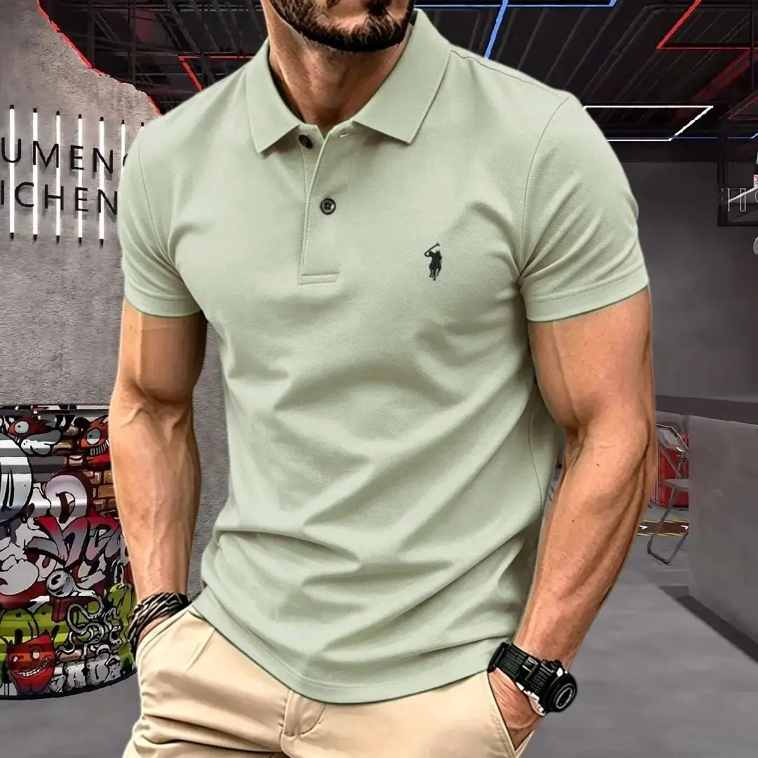 Men's polo shirt in sage green, 100% cotton, Simples Market with pony embroidery