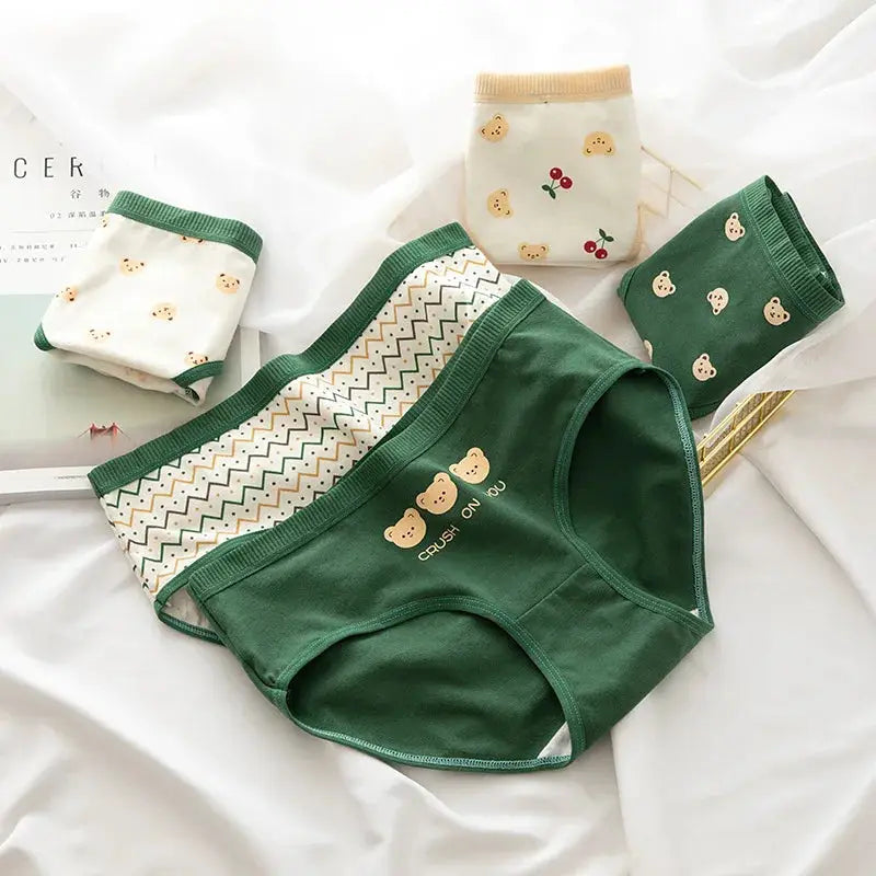 Simples Market 5Pcs Cotton Women's Underwear Set with bear and fruit prints in green and cream
