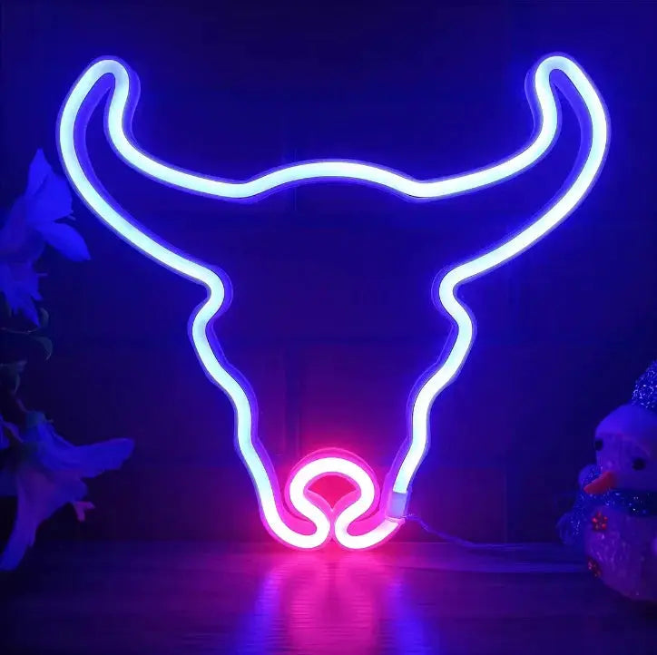 1-piece decorative neon bull head wall sign in blue with pink bottom accent, USB or battery powered