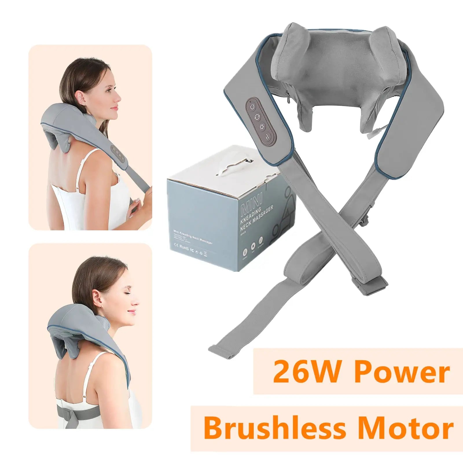 Foreverlily 26W neck and shoulder massager, wireless gray wrap with blue trim and built-in control panel