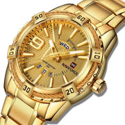 Naviforce luxury gold-toned men's wristwatch with stainless steel band, water resistant