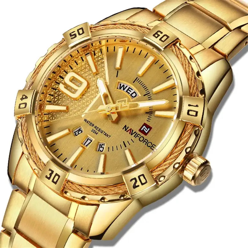 Naviforce luxury gold-toned men's wristwatch with stainless steel band, water resistant