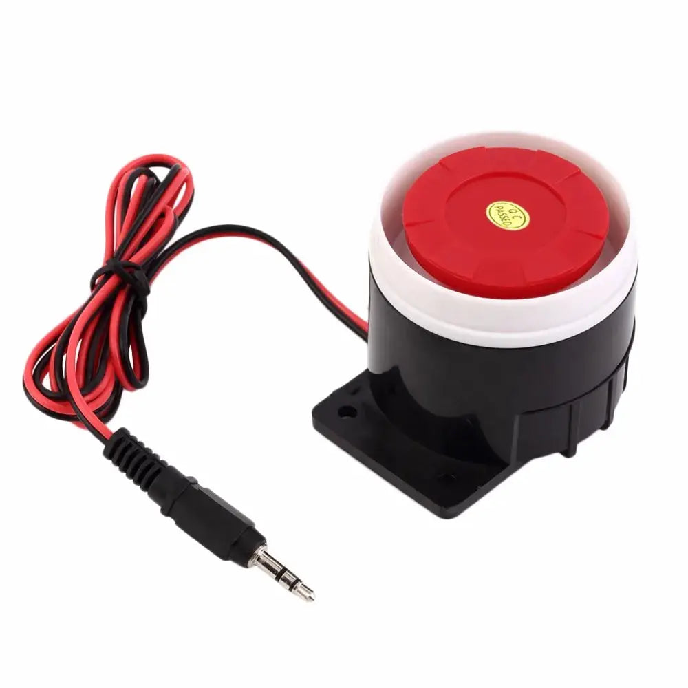 WOFEA 130db wired mini alarm siren with red top, black base, red/black leads and 3.5mm plug