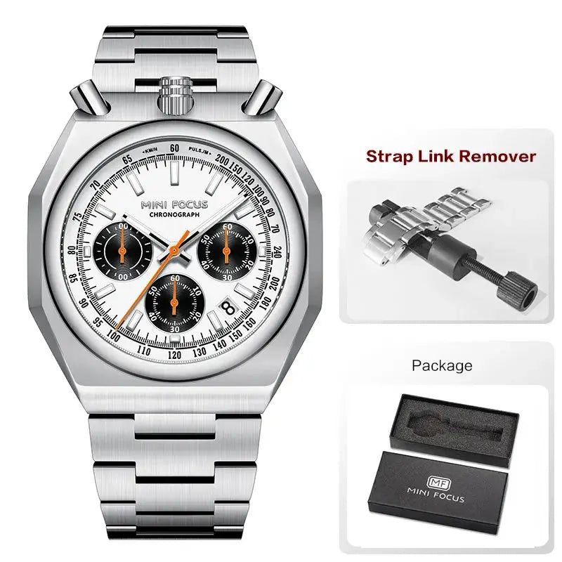 MINI FOCUS men's stainless steel chronograph watch with calendar; waterproof; includes strap link remover and box.