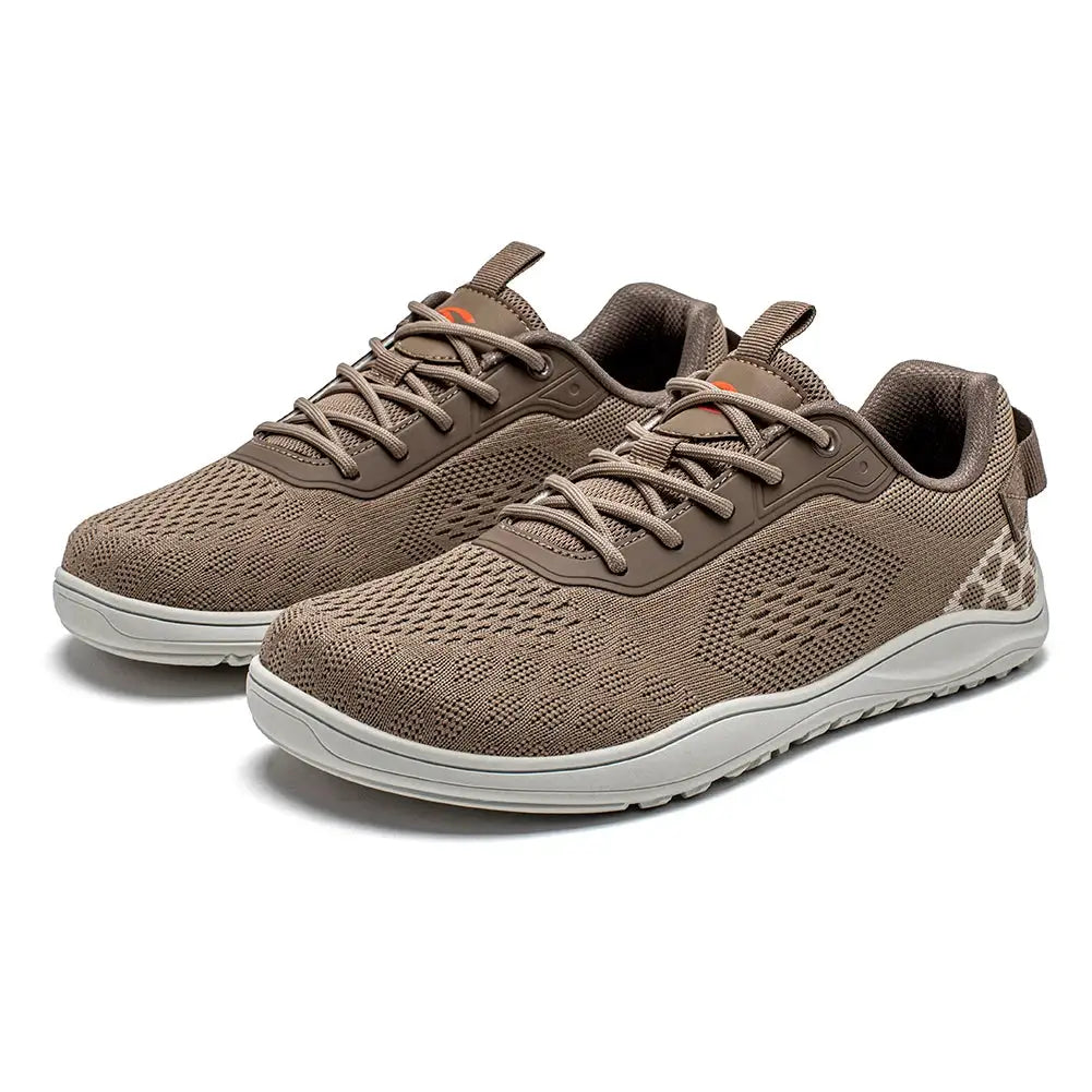 Pair of HOBIBEAR knit barefoot shoes, tan-brown unisex sneakers with breathable mesh and white sole