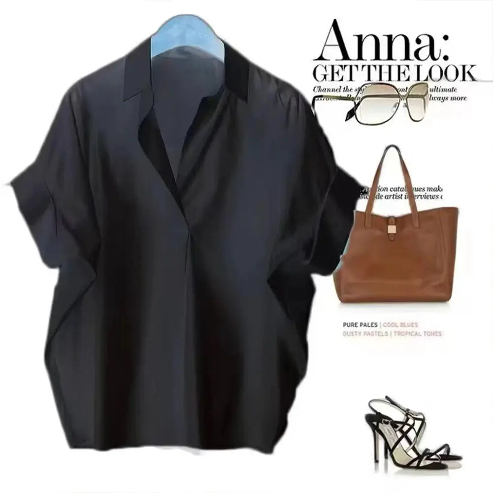 Womens Breathable Blouse Batwing Sleeves With Turn Down Collar