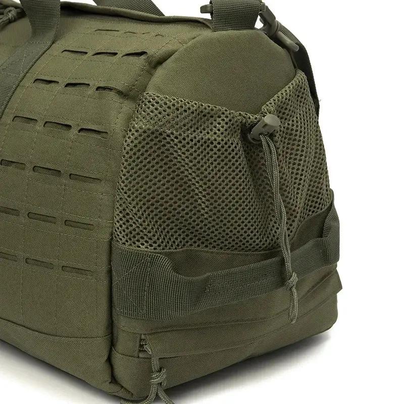 Olive green 40L tactical gym duffel bag with MOLLE webbing and mesh side pocket.