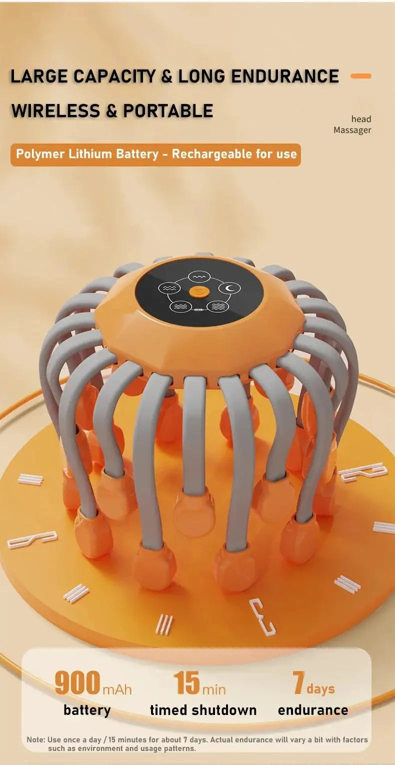 Scalp massager with orange body and 20 gray massage heads around a central control pad