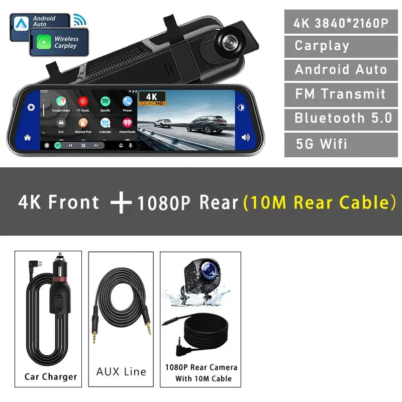 10In Dash Cam 4K 3840x2160P CarPlay Android Auto GPS WiFi Rear Mirror