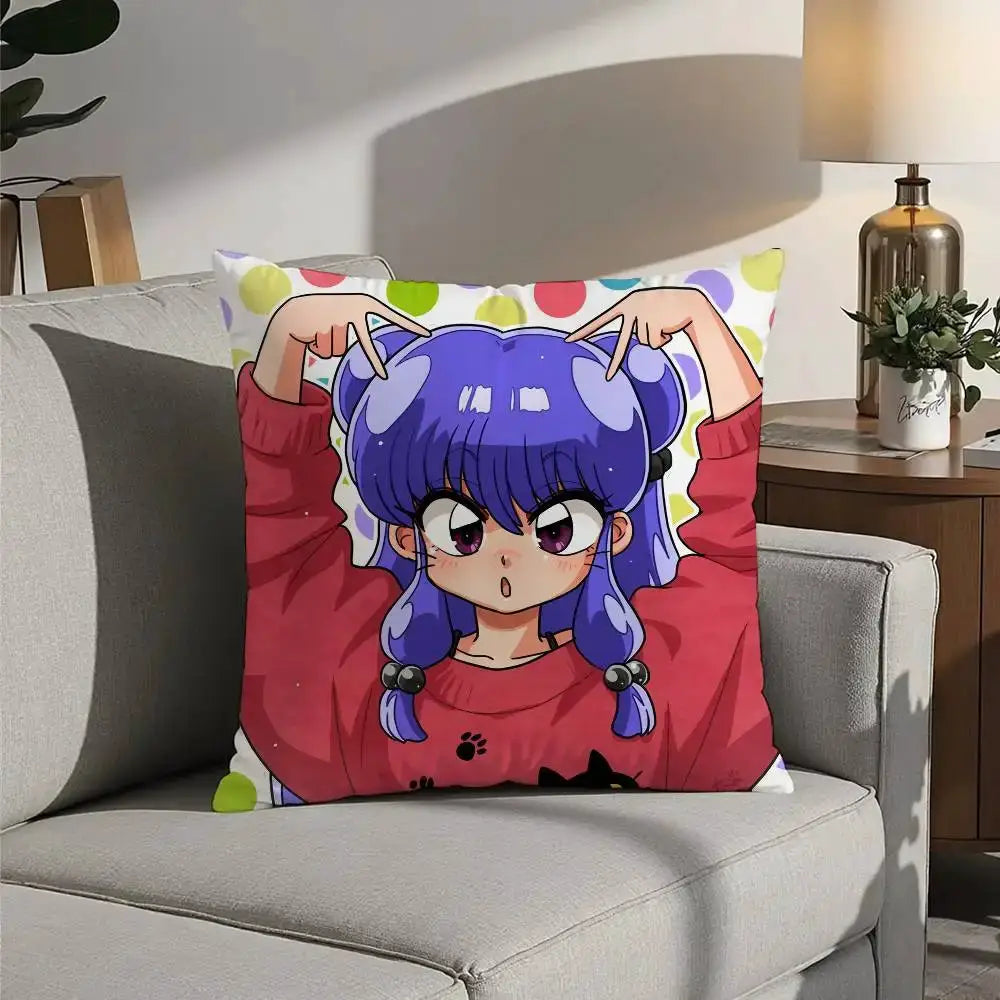 P Chan Ranma cartoon pillow cover with purple-haired girl in a red sweater; double-sided short plush cushion