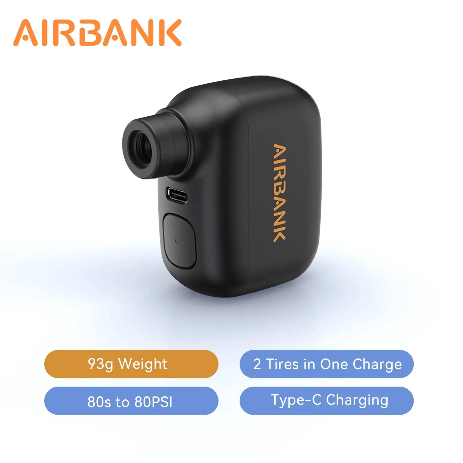 Airbank AS100 Mini Portable Bicycle Pump Rechargeable Air Inflator 100 PSI Type C Valve Schrader Presta Tires