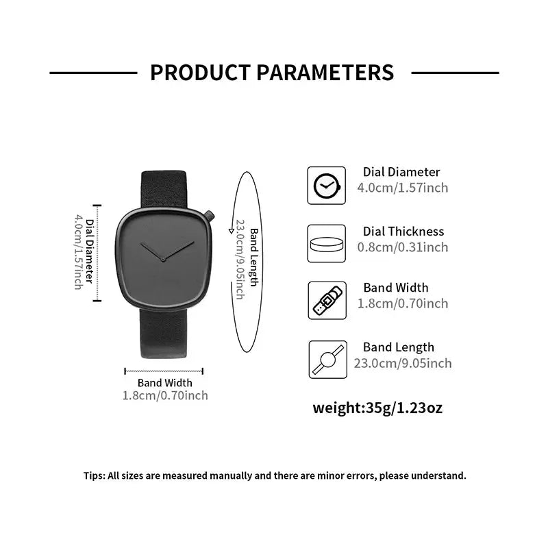 TOMI Watch by Simples Market; minimalist square black quartz watch with black leather band