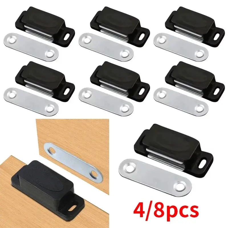 Cabinet magnetic door latch set with black housings and silver metal strike plates (4/8 pcs).