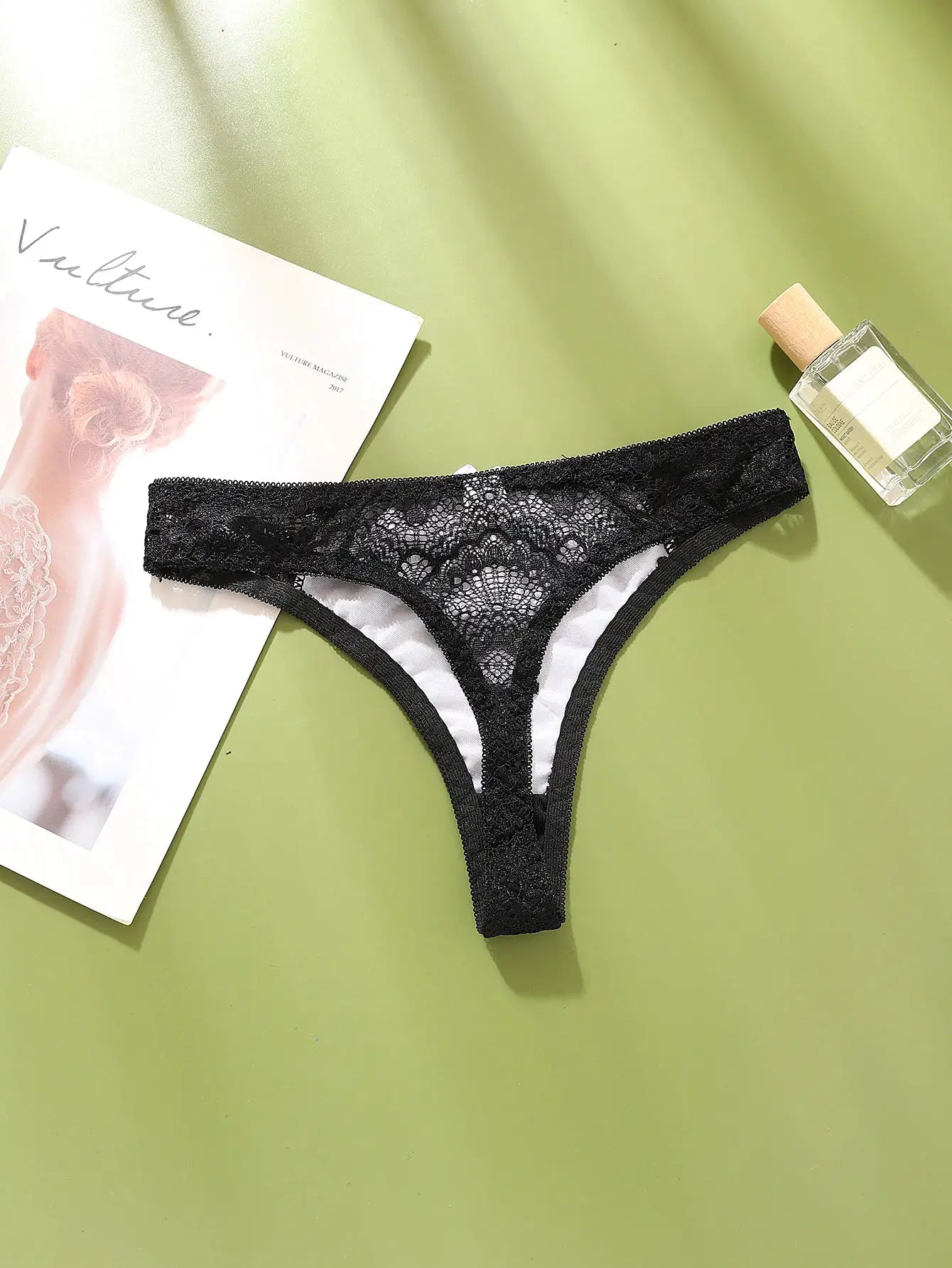 Black lace G-string thong with sheer panel, mid-low rise underwear