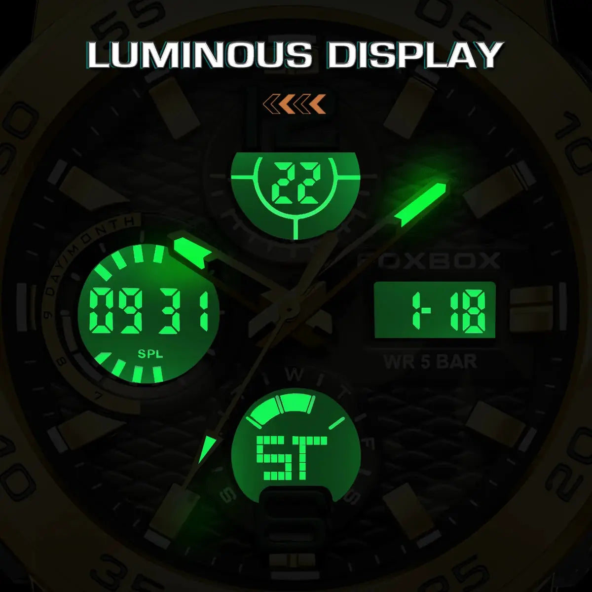 LIGE men's electronic wristwatch with green LED luminous display and waterproof design