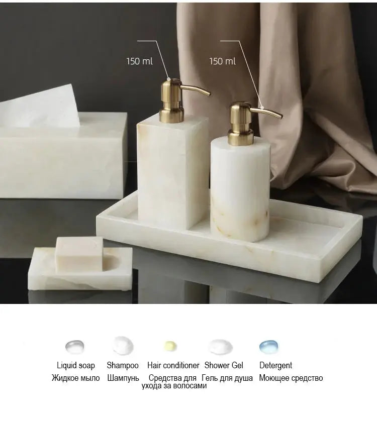 White onyx marble bathroom set with two gold pump dispensers, tissue box, on a rectangular vanity tray by Simples Market