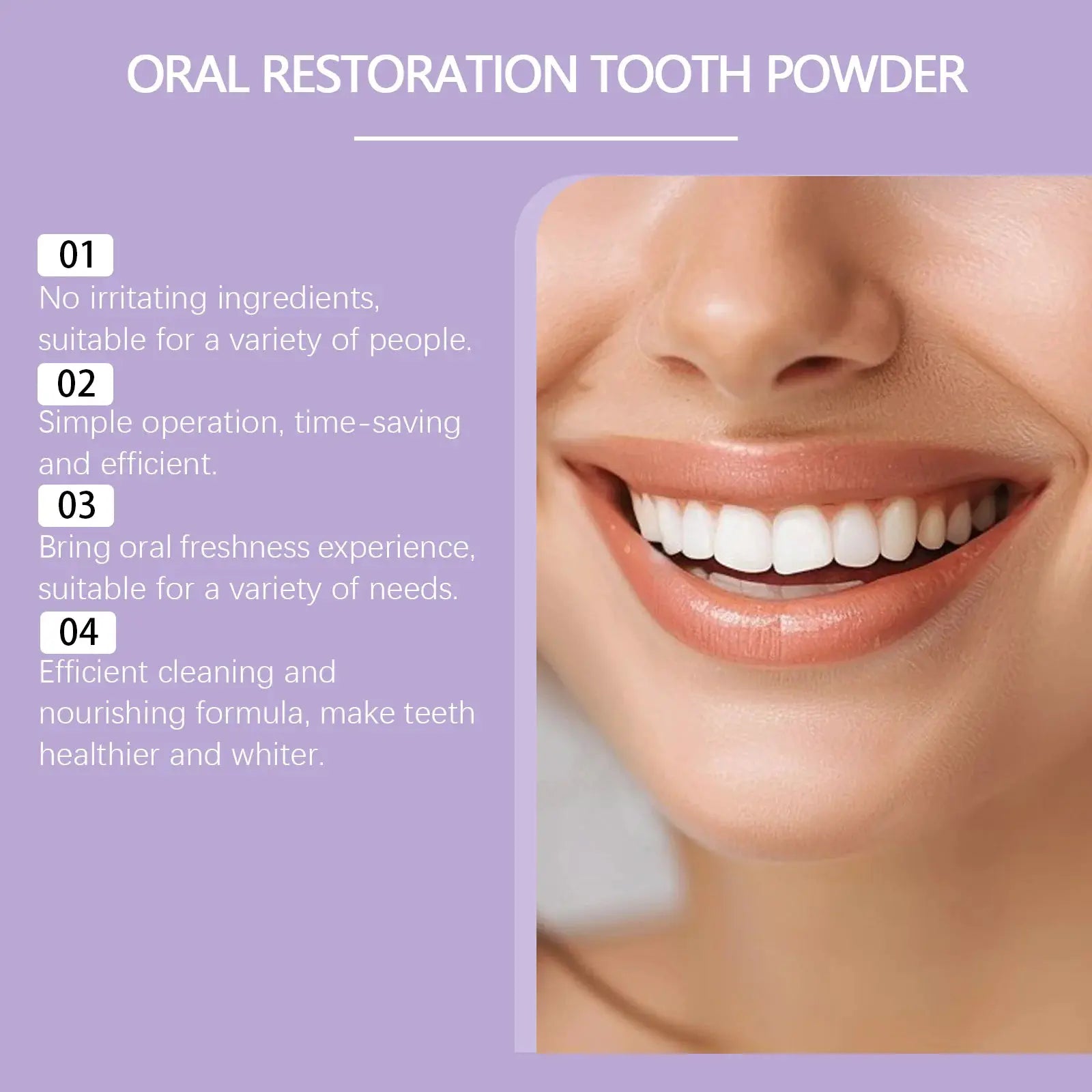 Purple tooth powder product on an infographic background with a smiling set of teeth; highlights 4 oral-care benefits.