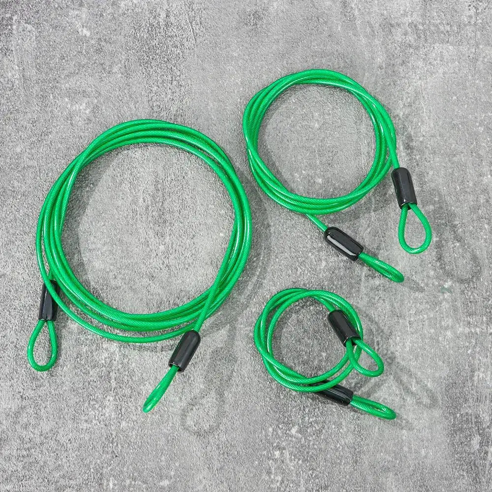 Bike cable lock set; bright green steel cables with loop ends, 0.5/1/2m lengths, 3-pack