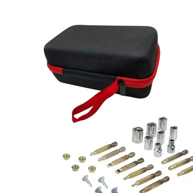 Simples Market EVA tool organizer case with red zipper; includes assorted screwdriver bits and sockets.