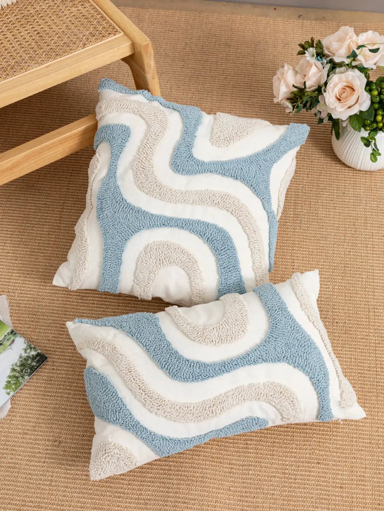Pillowcase, 1pc blue and white loop velvet with irregular geometric pattern in Bohemian style
