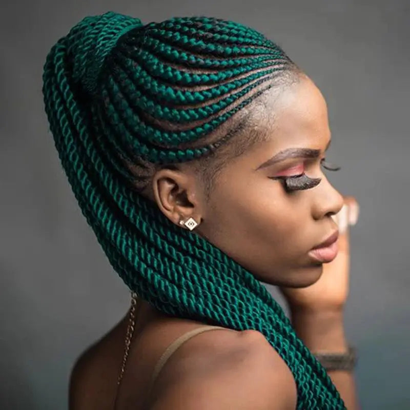 Simples Market crochet braids in teal Kanekalon jumbo twists, pre-stretched synthetic hair