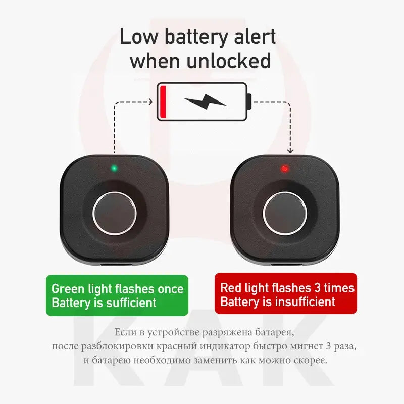 KAK biometric fingerprint lock, black, two units with green and red battery indicator LEDs.