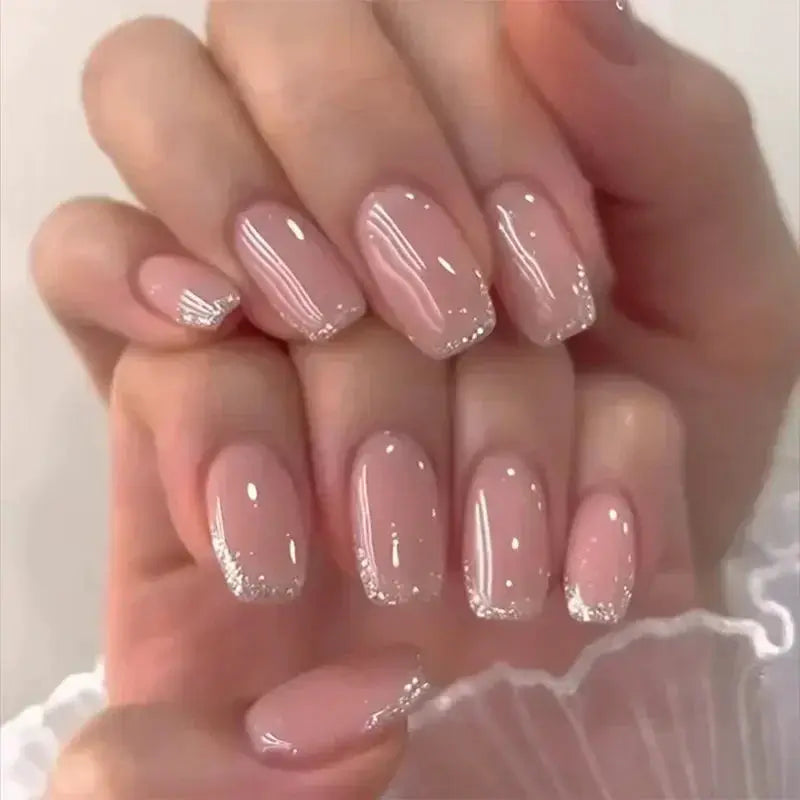 GlamNail Pro 24Pcs Short Square Coffin Press On Nails Set With Glue French Glitter Ballet Style
