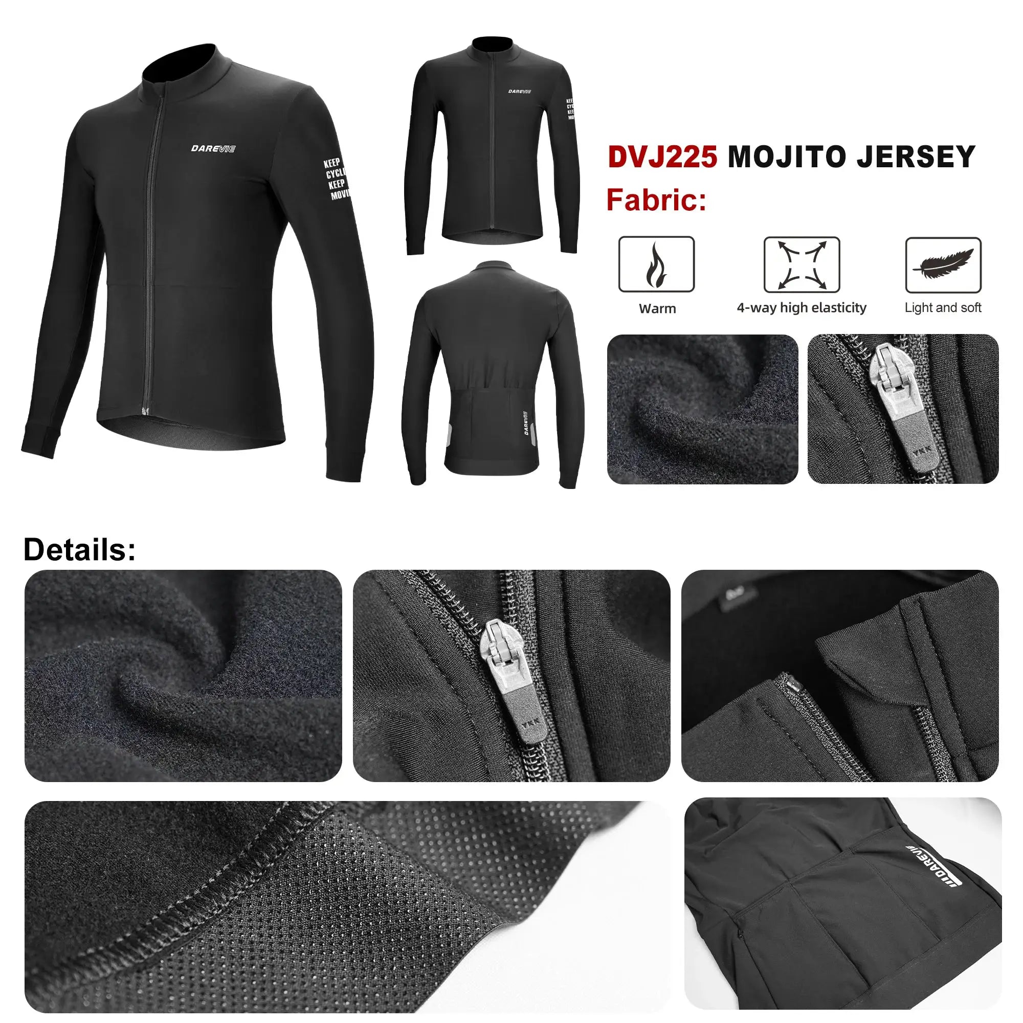 DAREVIE men's black winter thermal fleece cycling jersey; long sleeves, brushed breathable fabric, DAREVIE logo visible.