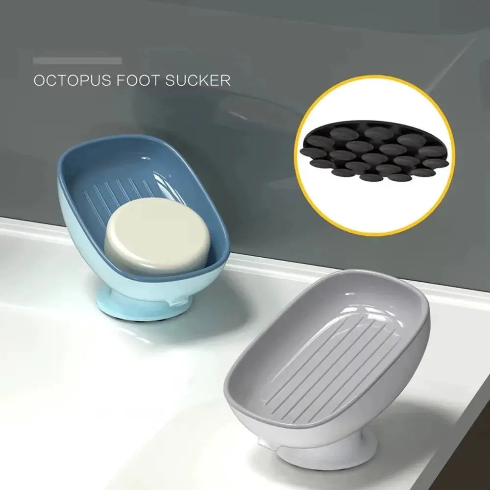 Suction cup soap holder set of 2 in blue and gray with drainage grooves for bathroom