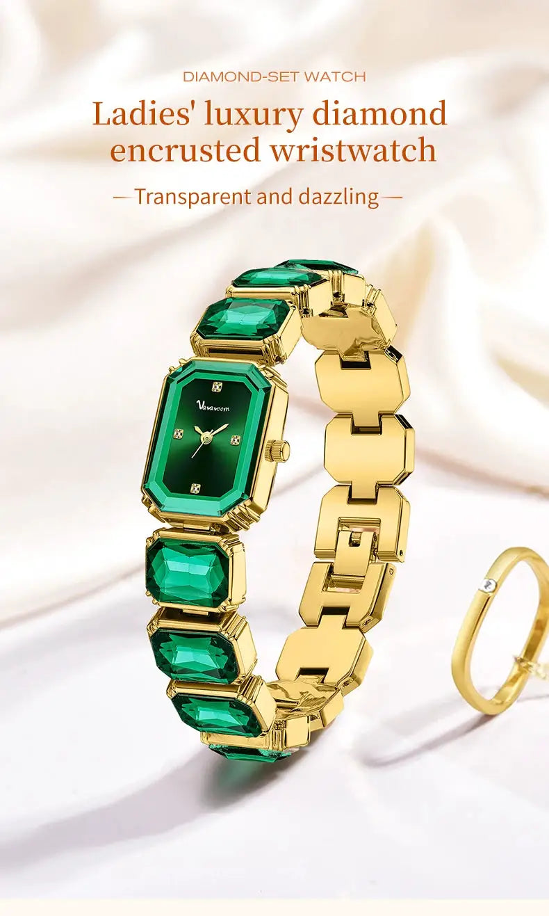 Women square watch with emerald-green stones, gold-tone bracelet, original quartz movement, Simples Market
