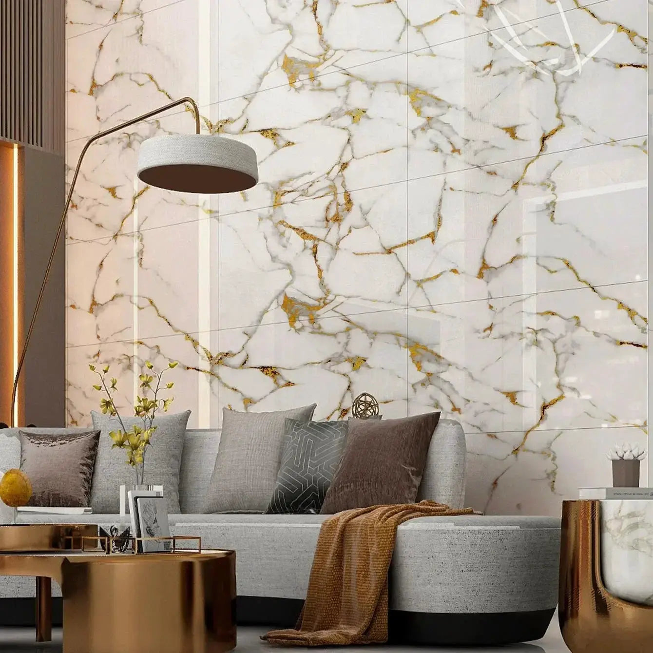 Marble-look 3D ceramic tile self-adhesive wallpaper; white with gold veins for wall renovation decor