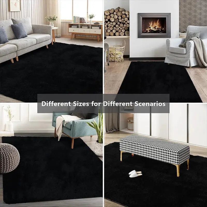VIKAMA black shag area rug; plush fluffy carpet for bedroom and living room, shown in four sizes