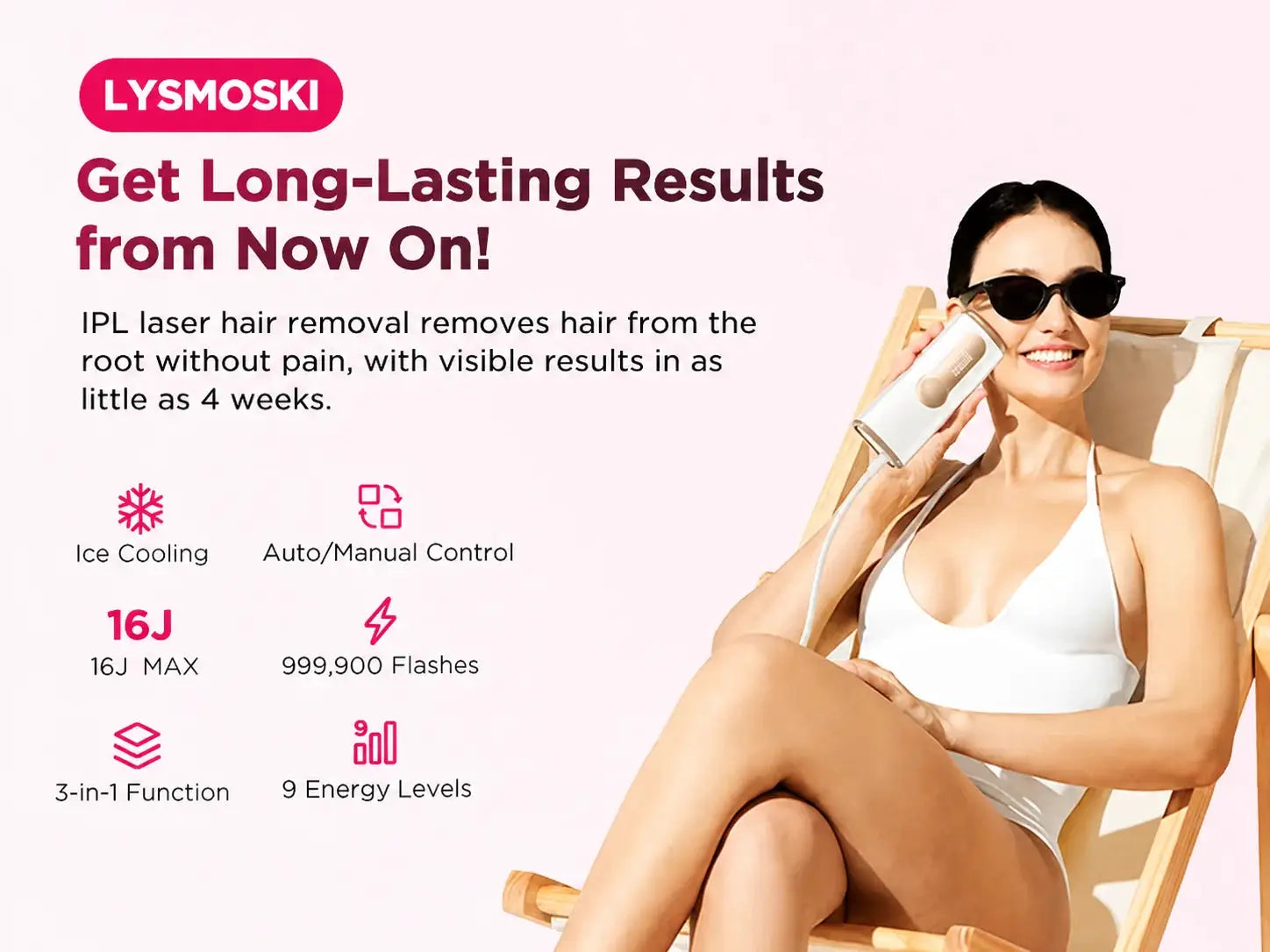 LYSMOSKI IPL hair removal device with ice cooling, 3-in-1 painless whole-body treatment for men and women