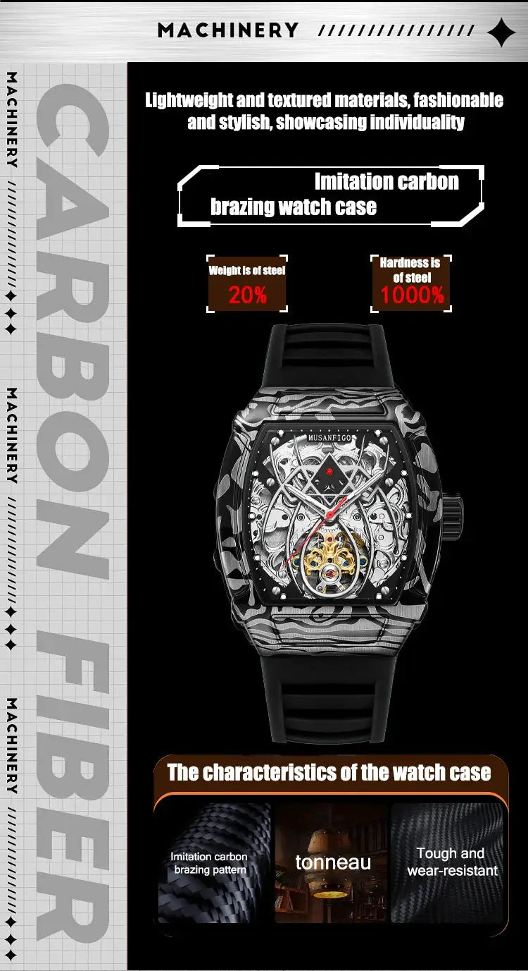 MUSANFIGO automatic hollow skeleton watch with barrel-shaped design, carbon-fiber patterned case, black strap