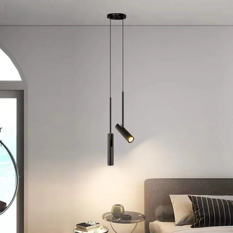 Simples Market minimalist LED hanging pendant light with twin black cylindrical pendants for bedroom or dining.