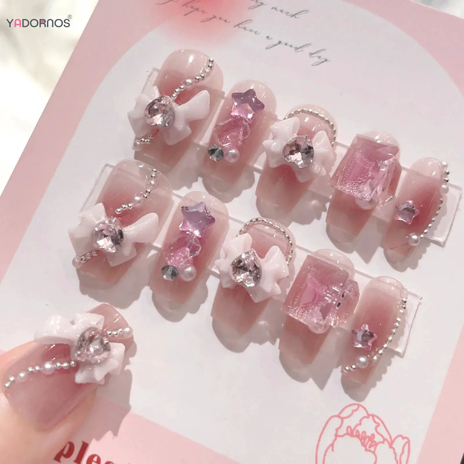 LuxeNail Blush Pink False Nails Bowknot Diamond Pearl Design Press On Nail Tips Harmless Smooth Edge Safe DIY Mani
